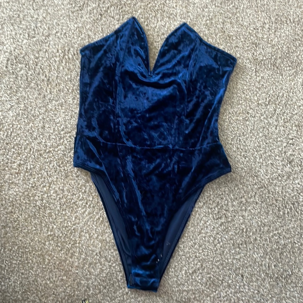 Blue Velvet Plunging Neck Bodysuit